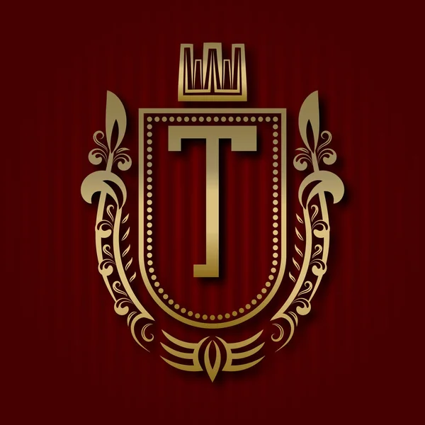 Gouden koninklijke wapenschild in middeleeuwse stijl. Vintage logo met T monogram. — Stockvector