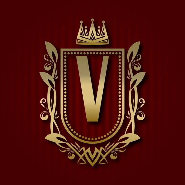 Χρυσή βασιλικό εθνόσημο σε μεσαιωνικό στιλ. Vintage λογότυπο με μονόγραμμα V. — Διανυσματικό Αρχείο