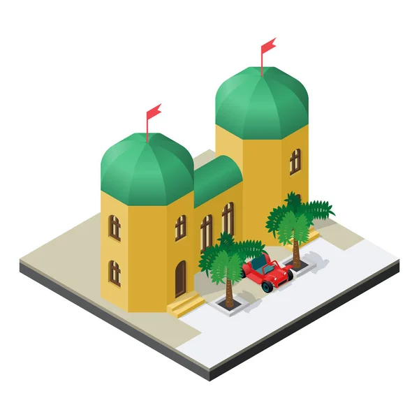 Arabische paleis met auto en palm bomen in isometrische weergave. — Stockvector