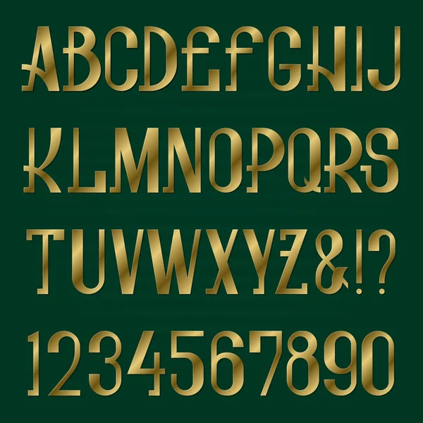 見苦しくないレトロなスタイルのフォントです。黄金の英大文字と数字。分離の英語のアルファベット. — ストックベクタ