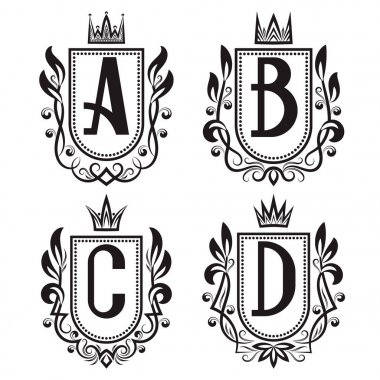 Kraliyet arması Ortaçağ tarzı ayarlayın. Vintage logo a, B, C, D monogram.