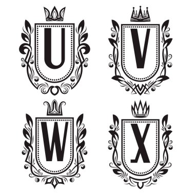 Kraliyet arması Ortaçağ tarzı ayarlayın. U, V, W, Vintage logolar monogram X.