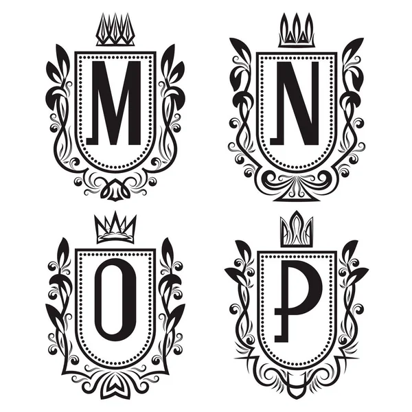 Királyi címer középkori stílusú. Vintage logók, M, N, O, P monogram. — Stock Vector