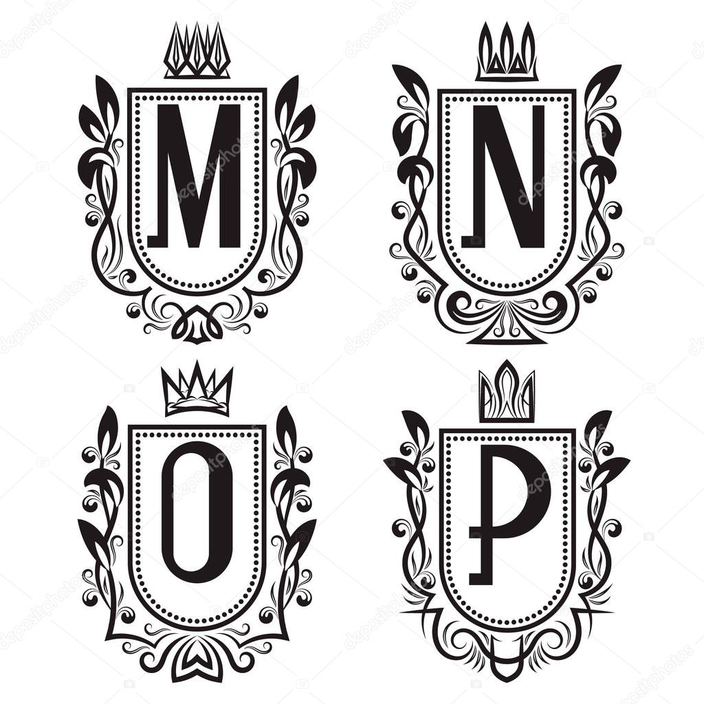 Royal coat of arms set in medieval style. Vintage logos with M, N, O, P monogram.