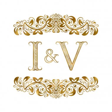 Ben ve V vintage baş harfleri logo sembol. Harfleri süs öğeleri tarafından çevrili. Düğün ya da iş ortakları monogram Kraliyet tarzı.