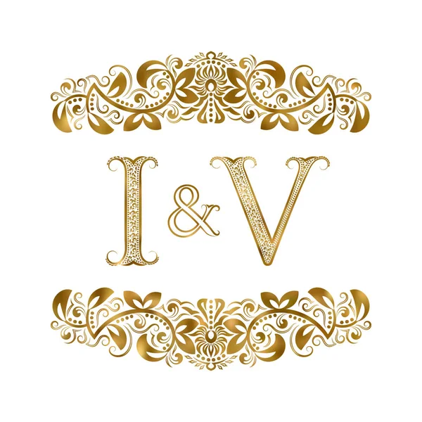I and V vintage initials logo symbol. The letters are surrounded by ornamental elements. Wedding or business partners monogram in royal style. — Stock Vector