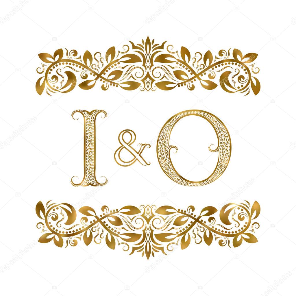 I and O vintage initials logo symbol. The letters are surrounded by ornamental elements. Wedding or business partners monogram in royal style.