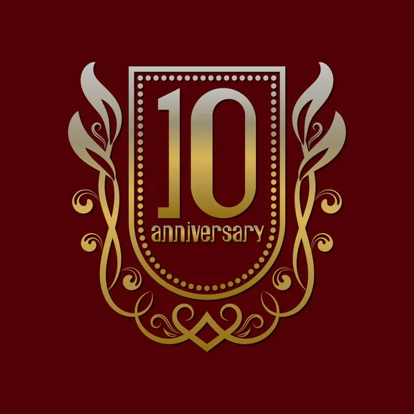Символ винтажного логотипа десятой годовщины. Золотая эмблема с номером на щите в венке . — стоковый вектор