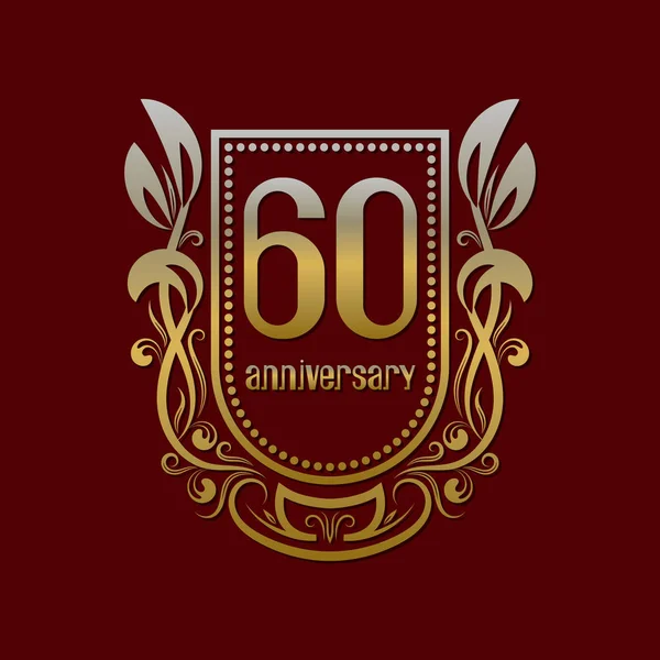 Zestigste verjaardag vintage logo symbool. Gouden embleem met nummers op schild in krans. — Stockvector