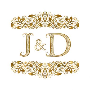 J ve D vintage baş harfleri logo sembolü. Harfleri süs öğeleri tarafından çevrili. Düğün ya da iş ortakları monogram Kraliyet tarzı.