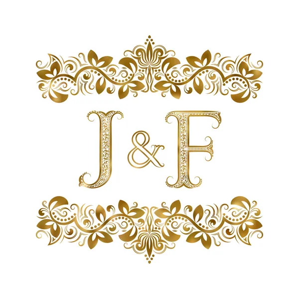 J und f Vintage-Initialen Logo Symbol. die Buchstaben sind von ornamentalen Elementen umgeben. Monogramm von Hochzeits- oder Geschäftspartnern im königlichen Stil. — Stockvektor