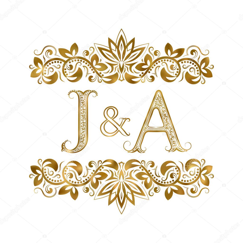 J and A vintage initials logo symbol. The letters are surrounded by ornamental elements. Wedding or business partners monogram in royal style.