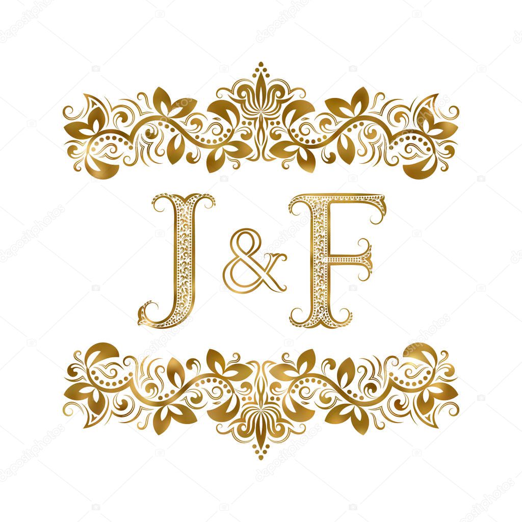 J and F vintage initials logo symbol. The letters are surrounded by ornamental elements. Wedding or business partners monogram in royal style.