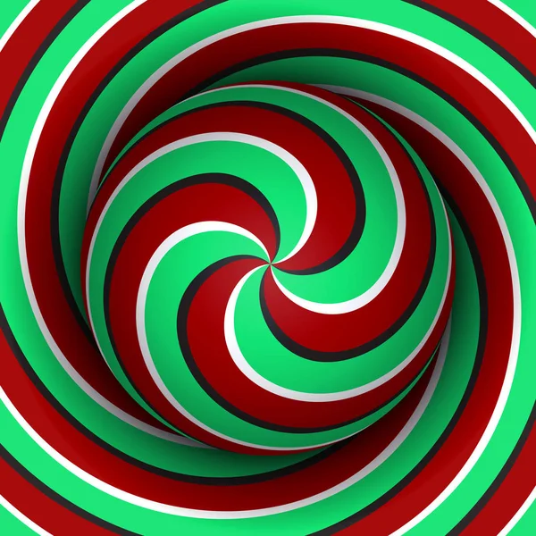 Hintergrund der optischen Bewegungsillusion. Kugel mit rot-grünem Spiralmuster auf Helixhintergrund. — Stockvektor