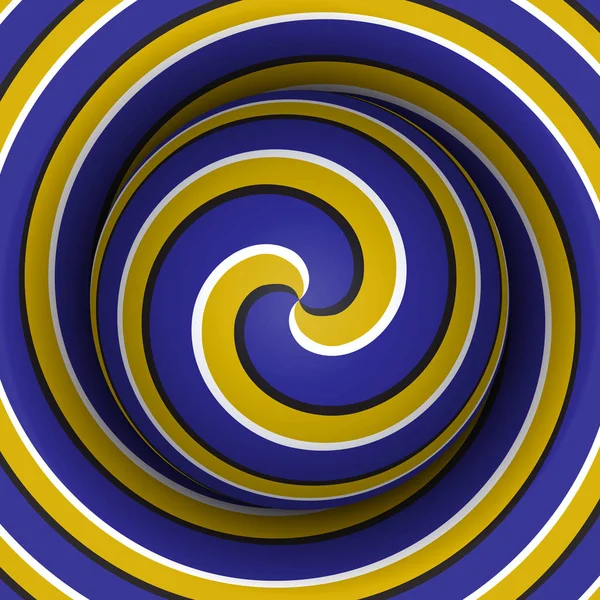 Fundo de ilusão de movimento óptico. Esfera com um padrão espiral amarelo azul em fundo de dupla hélice . — Vetor de Stock