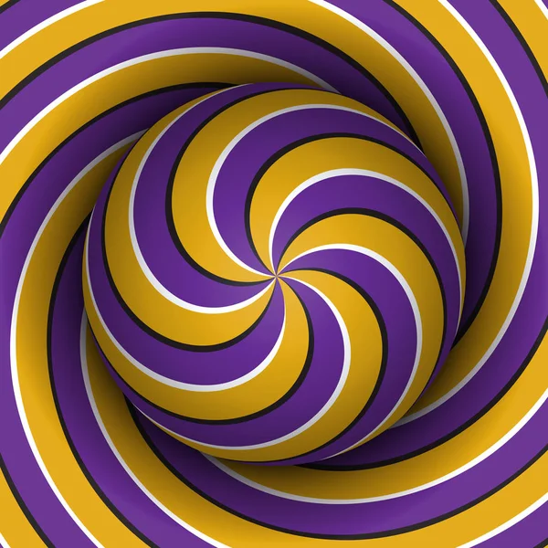 Fundo de ilusão de movimento óptico. Esfera com um padrão espiral múltiplo amarelo roxo no fundo da hélice . — Vetor de Stock