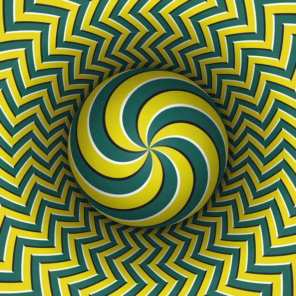 Optische Illusion Vektor Illustration. mehrere Spiralkugeln, die über der kunterbunten Oberfläche schweben. grün gelb gemusterte Objekte. abstrakter Hintergrund im surrealen Stil. — Stockvektor