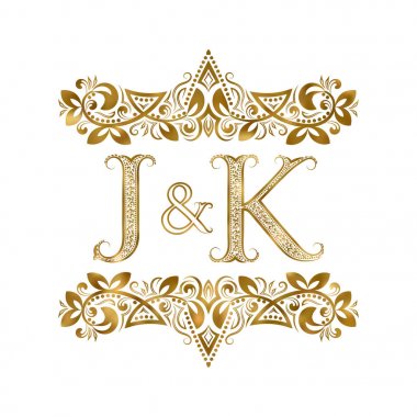 J ve K vintage baş harfleri logo sembolü. Harfleri süs öğeleri tarafından çevrili. Düğün ya da iş ortakları monogram Kraliyet tarzı.
