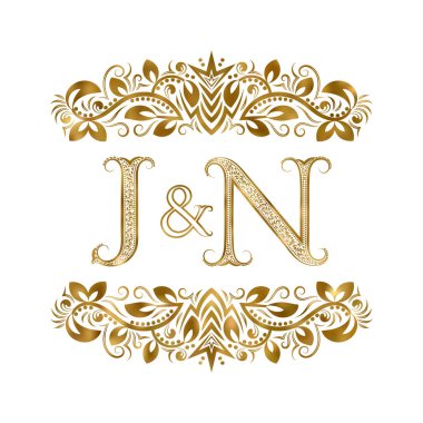 J ve N vintage baş harfleri logo sembolü. Harfleri süs öğeleri tarafından çevrili. Düğün ya da iş ortakları monogram Kraliyet tarzı.