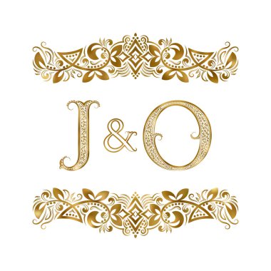 J ve O vintage baş harfleri logo sembolü. Harfleri süs öğeleri tarafından çevrili. Düğün ya da iş ortakları monogram Kraliyet tarzı.