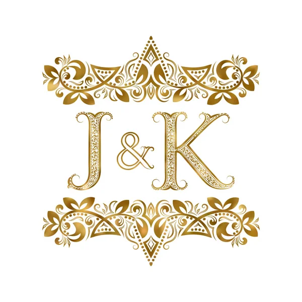 J and K vintage initials logo symbol. The letters are surrounded by ornamental elements. Wedding or business partners monogram in royal style. — Stock Vector