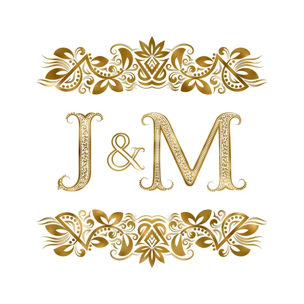 J en M vintage initialen logo symbool. De letters zijn omringd door decoratieve elementen. Bruiloft of zakelijke partners monogram in Koninklijke stijl. — Stockvector