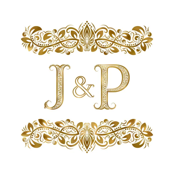 J και P vintage αρχικά λογότυπο σύμβολο. Τα γράμματα που περιβάλλεται από διακοσμητικά στοιχεία. Γάμο ή επαγγελματίες συνεργάτες μονόγραμμα στο μπαρακι. — Διανυσματικό Αρχείο