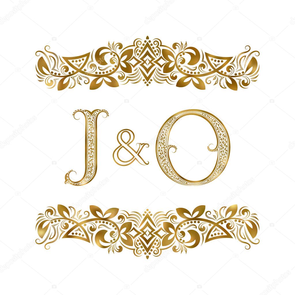 J and O vintage initials logo symbol. The letters are surrounded by ornamental elements. Wedding or business partners monogram in royal style.