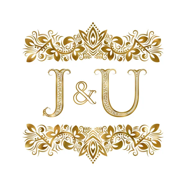 J e U sigla vintage logo simbolo. Le lettere sono circondate da elementi ornamentali. Monogramma di nozze o partner commerciali in stile reale . — Vettoriale Stock