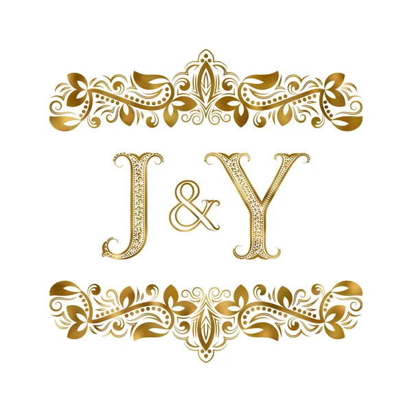 J und y Vintage Initialen Logo-Symbol. die Buchstaben sind von ornamentalen Elementen umgeben. Monogramm von Hochzeits- oder Geschäftspartnern im königlichen Stil. — Stockvektor