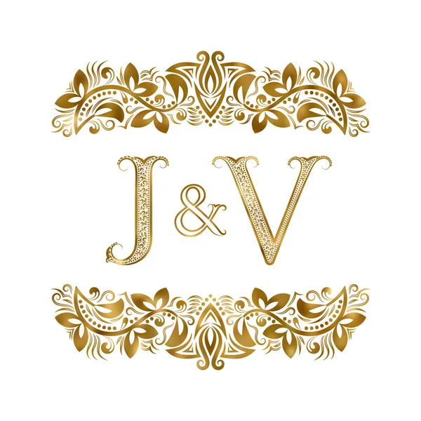 J und v Vintage Initialen Logo-Symbol. die Buchstaben sind von ornamentalen Elementen umgeben. Monogramm von Hochzeits- oder Geschäftspartnern im königlichen Stil. — Stockvektor