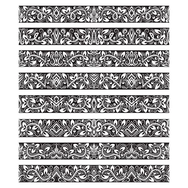 Elementi vintage bianchi neri per la creazione di pennelli vettoriali. Kit modelli bordi per cornici design e decorazioni pagina . — Vettoriale Stock