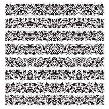 Vintage sınır fırçalar şablonları kümesi. Çerçeve tasarım ve sayfa süslemeleri için Barok çiçek öğeleri.