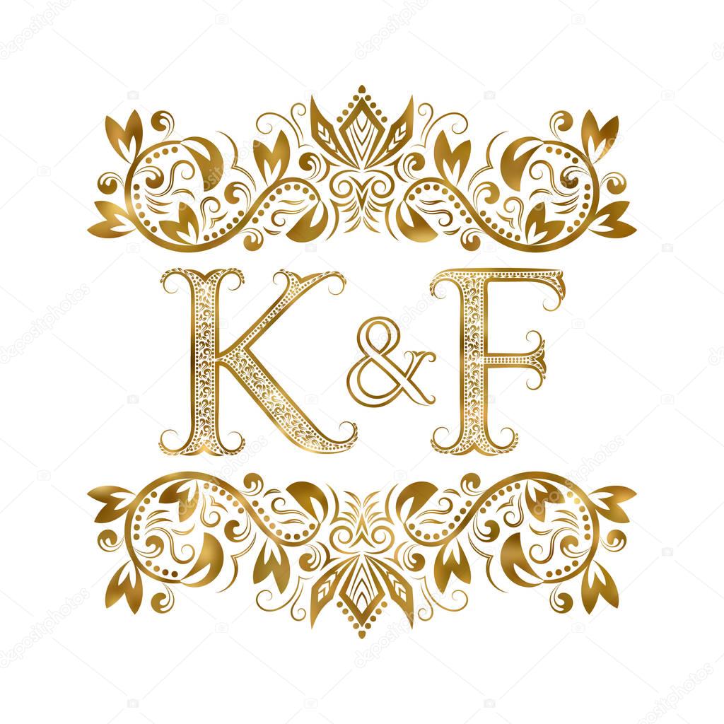K and F vintage initials logo symbol. The letters are surrounded by ornamental elements. Wedding or business partners monogram in royal style.
