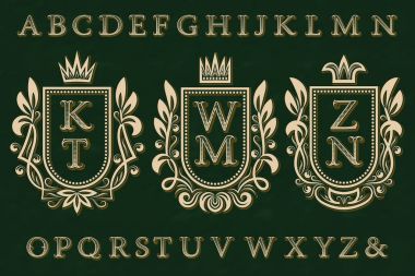 Vintage ilk logoları kiti. Kat çerçeveler, desenli harfleri, alfabe izole.