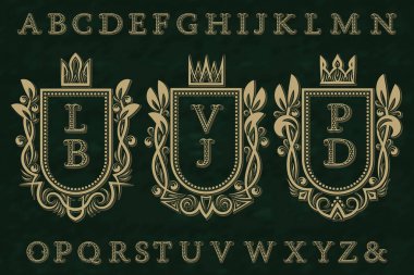 Vintage ilk logoları kiti. Kat çerçeveler, yıldızlı desenli harfleri, alfabe izole.