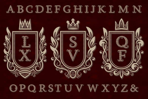 Vintage ilk logoları kiti. Kat çerçeveler, desenli harfleri, alfabe izole.