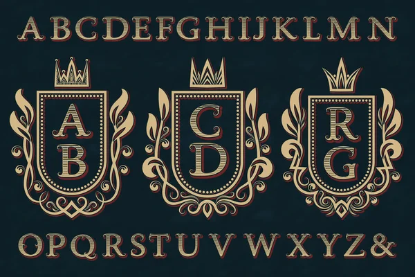 Vintage ursprünglichen Logos Kit. Wappenrahmen, gestreifte Buchstaben, isoliertes Alphabet. — Stockvektor
