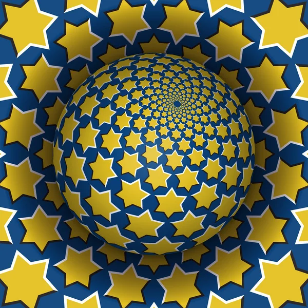 Illustration vectorielle illusion optique. La sphère étoilée s'élève au-dessus de la surface. Objets à motifs jaunes bleus. Fond abstrait dans un style surréaliste . — Image vectorielle