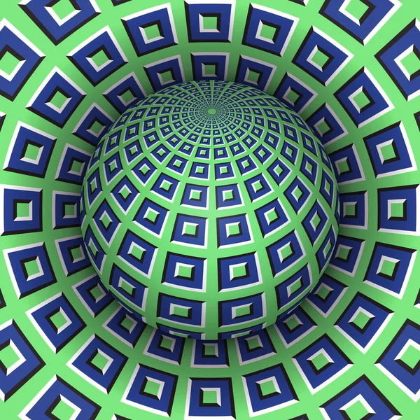 Optische illusie vectorillustratie. Geruite bol stijgende boven het gat. Groen blauwe gedessineerde objecten. Abstracte achtergrond in een surrealistische stijl. — Stockvector