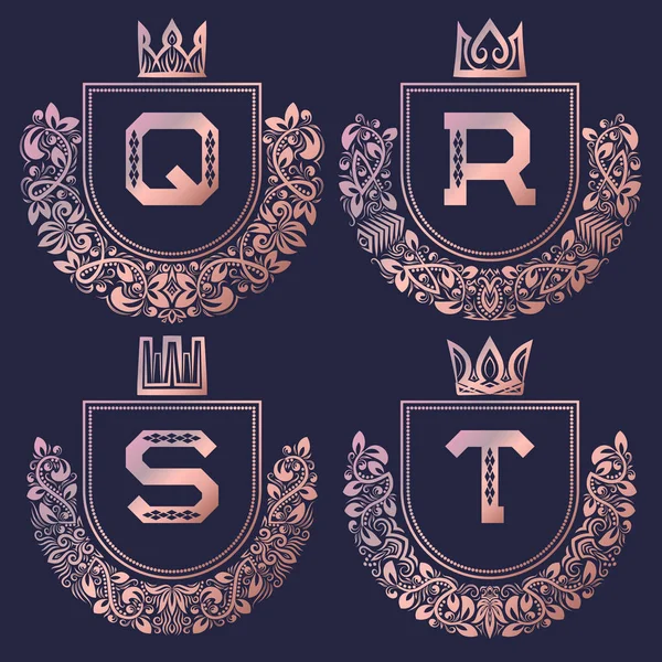 Rose gold coat of arms set in baroque style. Golden pink vintage logos with Q, R, S, T monogram. — Stock Vector