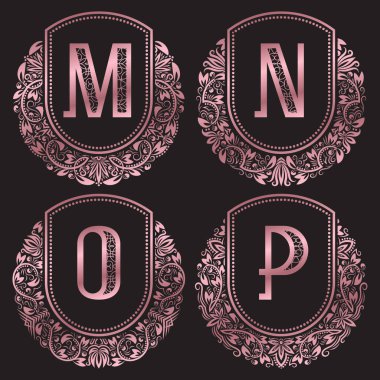 Altın Monogram antik tarzda ayarla yükseldi. Vintage logo M, N, O, P harfleri.