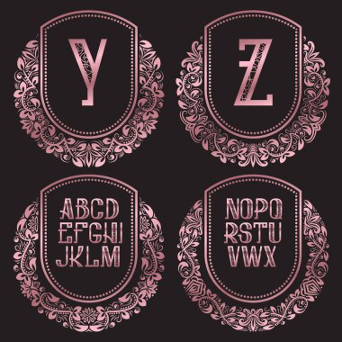 Altın Monogram antik tarzda ayarla yükseldi. Y, Z ve diğer harf İngiliz alfabesi ile Vintage logolar.