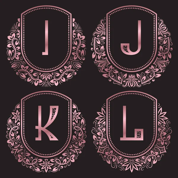 Monogramas de oro rosa engastados en estilo antiguo. Logotipos vintage con letras I, J, K, L . — Archivo Imágenes Vectoriales