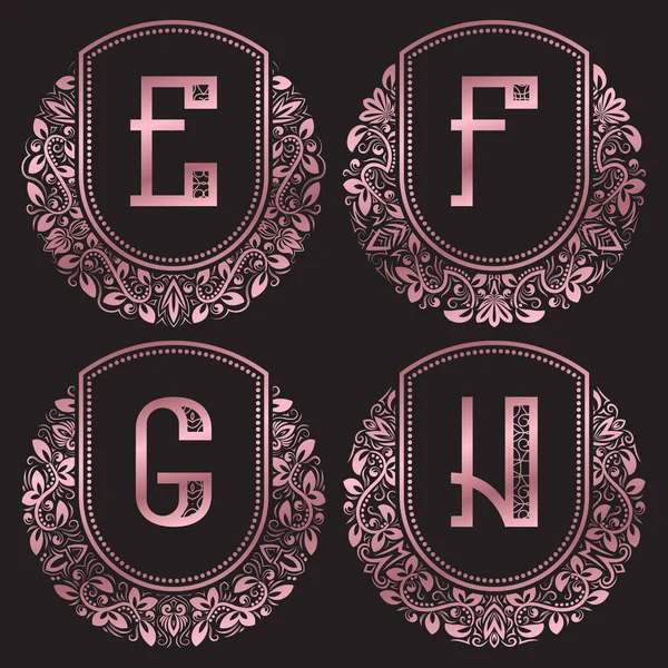 Monogramas de oro rosa engastados en estilo antiguo. Logotipos vintage con letras E, F, G, H . — Vector de stock