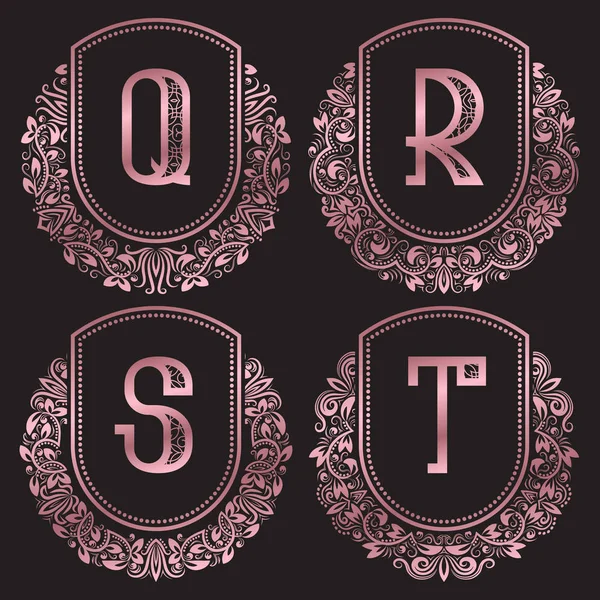 Rose gold monograms set in antique style. Vintage logos with Q, R, S, T letters. — Stock Vector