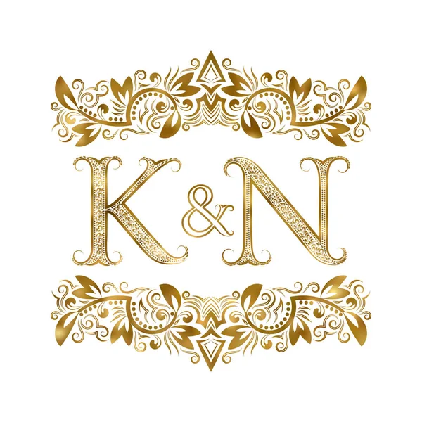 Simbolo logo K e N iniziali vintage. Le lettere sono circondate da elementi ornamentali. Monogramma di nozze o partner commerciali in stile reale . — Vettoriale Stock