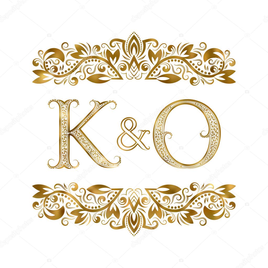 K and O vintage initials logo symbol. The letters are surrounded by ornamental elements. Wedding or business partners monogram in royal style.