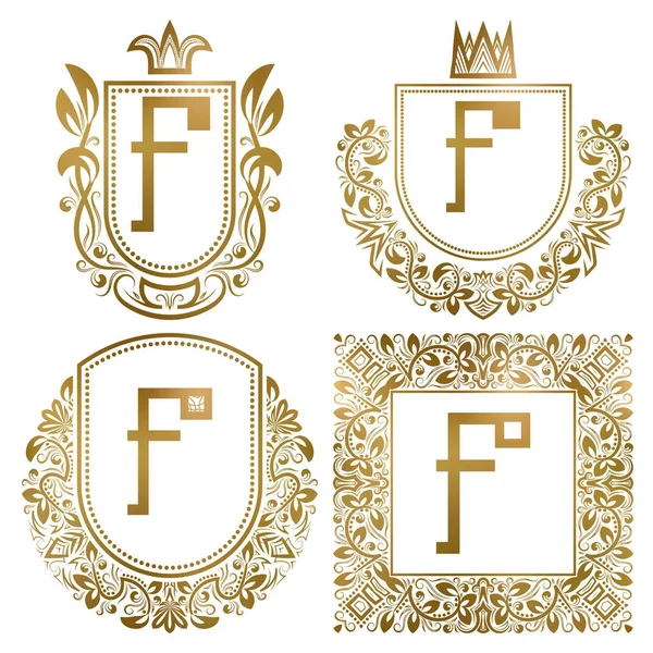 Conjunto de monogramas vintage dorado. Logotipos heráldicos con letra F . — Vector de stock