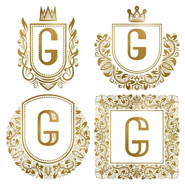 Conjunto de monogramas vintage dorado. Logotipos heráldicos con letra G . — Vector de stock